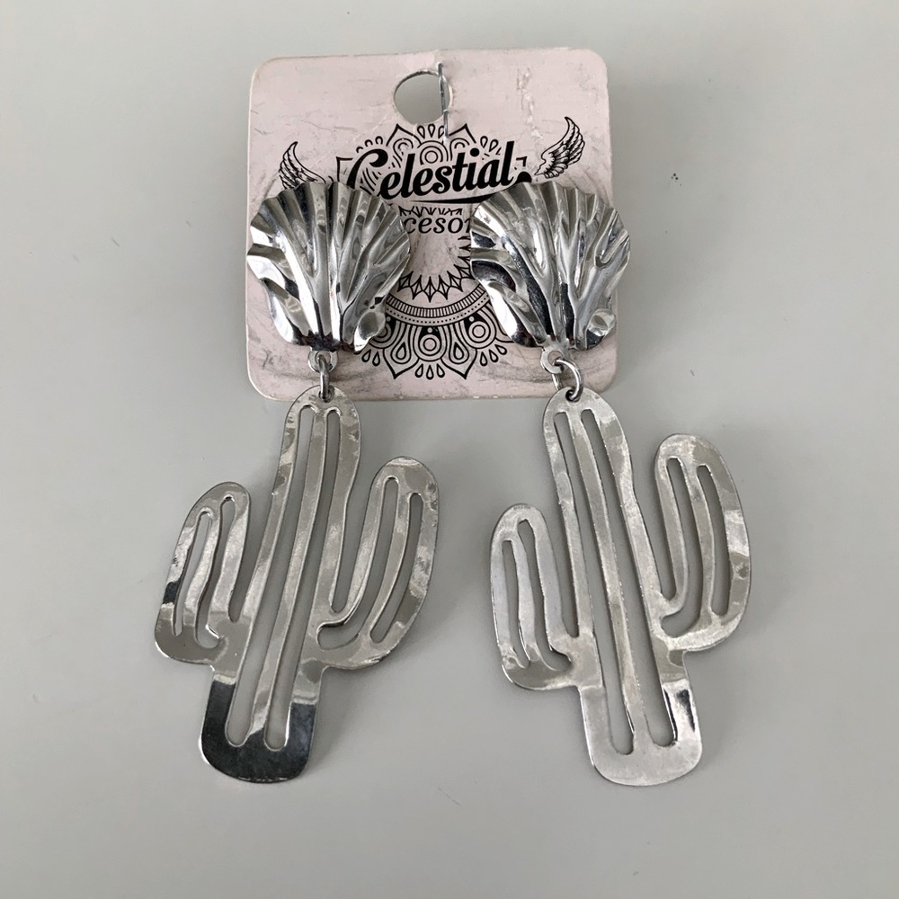Celestial Boho Bohemian Festival Coachella Cactus Shell Silver Dangle Earrings